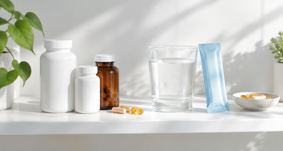 Unbranded supplement bottles, capsules, an electrolyte packet and a glass of water on a bright white shelf