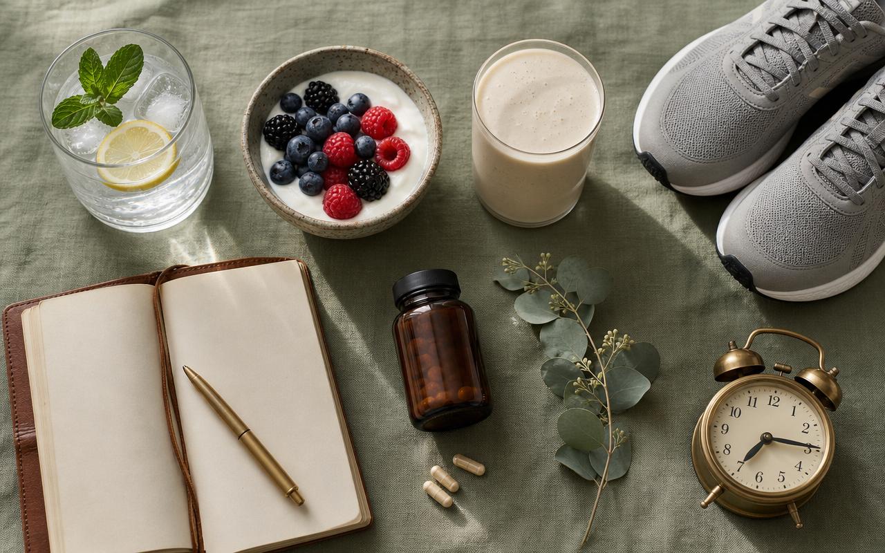 Editorial flat lay on sage green linen of a glass of lemon water, a small bowl of Greek yogurt with berries, a protein shake, an amber supplement bottle, a walking shoe, a journal and pen, and a small analog clock — a healthy daily routine on a GLP-1