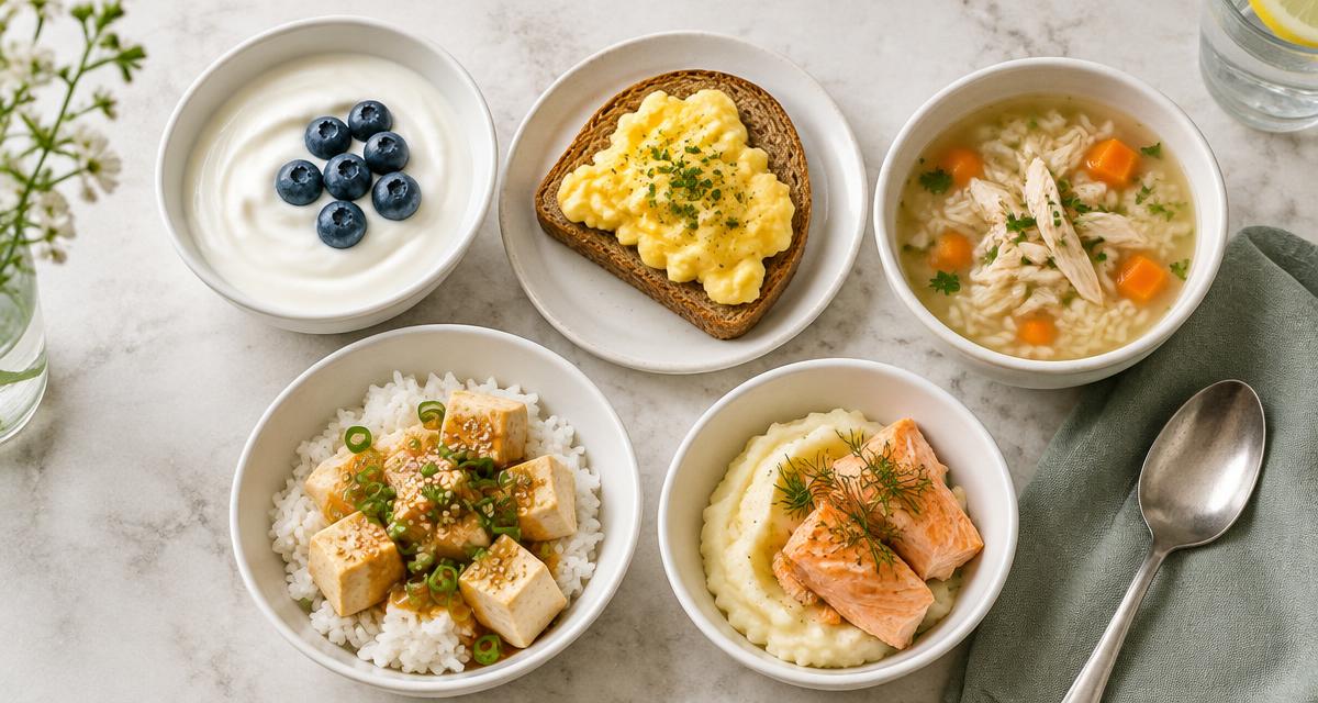 Small bowls of Greek yogurt with blueberries, scrambled egg toast, chicken rice soup, tofu rice, and salmon with mashed potato