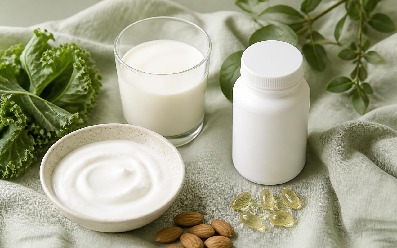 Bone-health flat-lay on sage linen — a glass of milk, a bowl of plain yogurt, kale, almonds, and an unlabeled white supplement bottle with vitamin D softgels