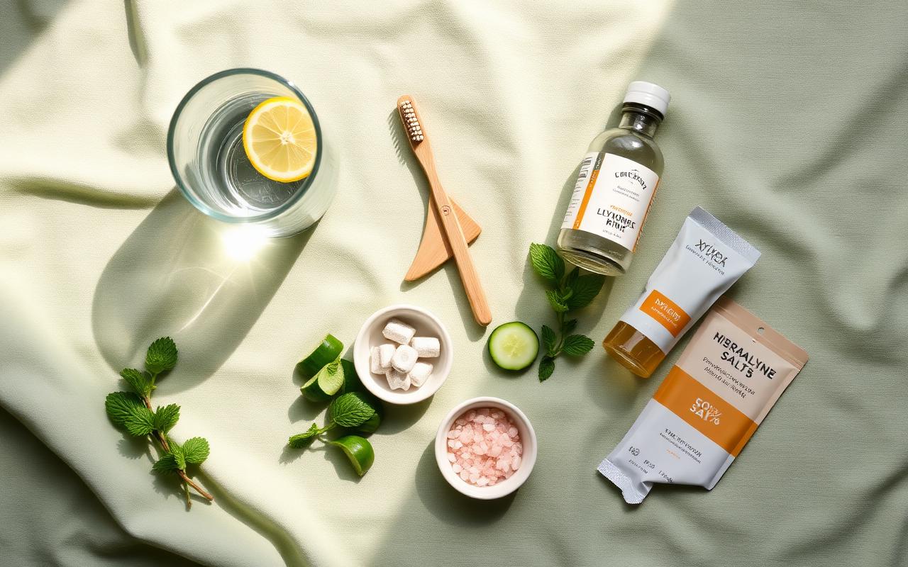 Editorial flat lay on sage green linen of a glass of lemon water, bamboo toothbrush, tongue scraper, xylitol mouth rinse, sugar-free mints, pink Himalayan salt, and an electrolyte packet — an Ozempic mouth recovery kit