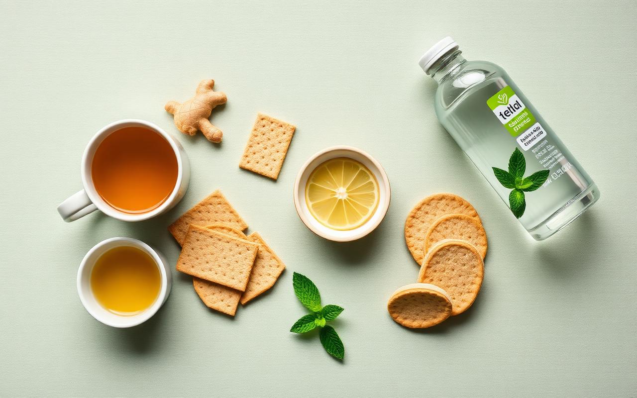 Ginger tea, plain crackers, clear broth, lemon water, and peppermint on a sage linen background — foods that ease Ozempic nausea.