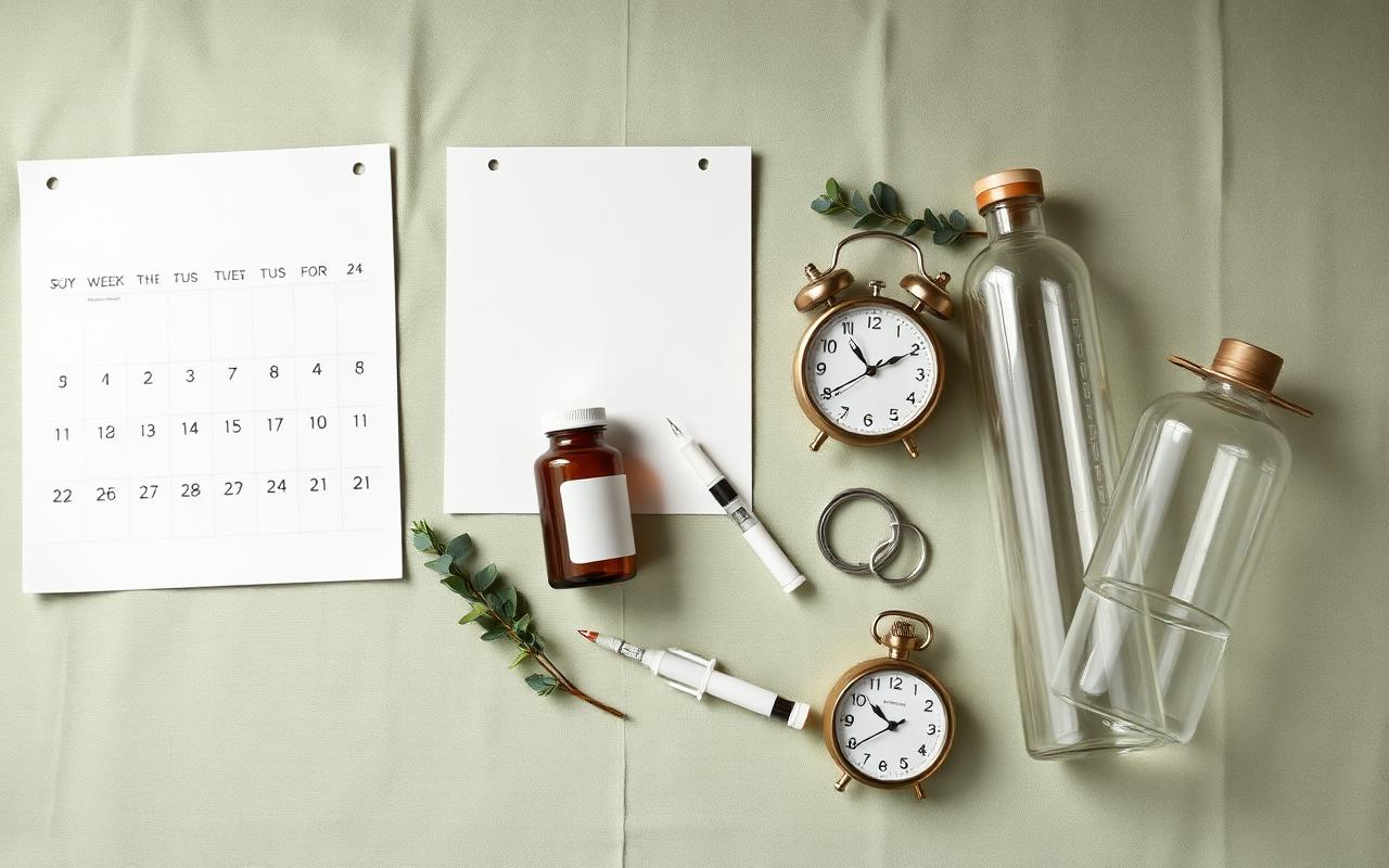 Editorial flat lay of a wall calendar, amber supplement bottle, generic injection pen, small analog clock, eucalyptus sprig, and glass water bottle on sage green linen — visualizing the Ozempic timeline