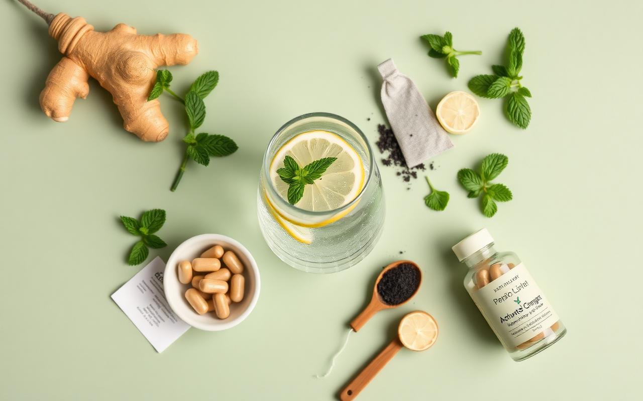 Flat-lay of natural remedies for sulfur burps on Ozempic: sparkling lemon water, ginger root, peppermint tea, activated charcoal capsules, and digestive enzyme powder on a soft sage green background