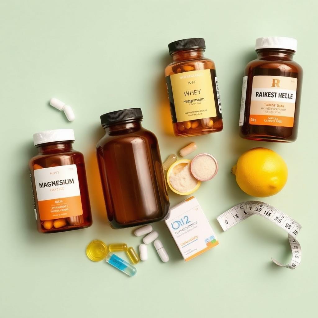 Flat-lay of the best supplements to take with Ozempic: magnesium glycinate, whey protein, electrolytes, omega-3 fish oil, vitamin D3, and B12 on a soft sage green background