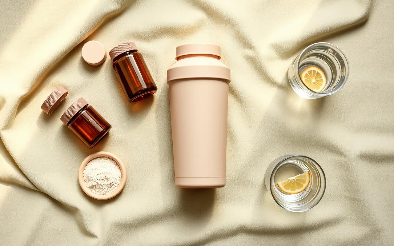 Wegovy supplement routine flat-lay on a sage linen surface — unlabeled protein shaker, amber supplement jars, loose powder in a ceramic dish, a weekly pill organizer, and glasses of lemon water