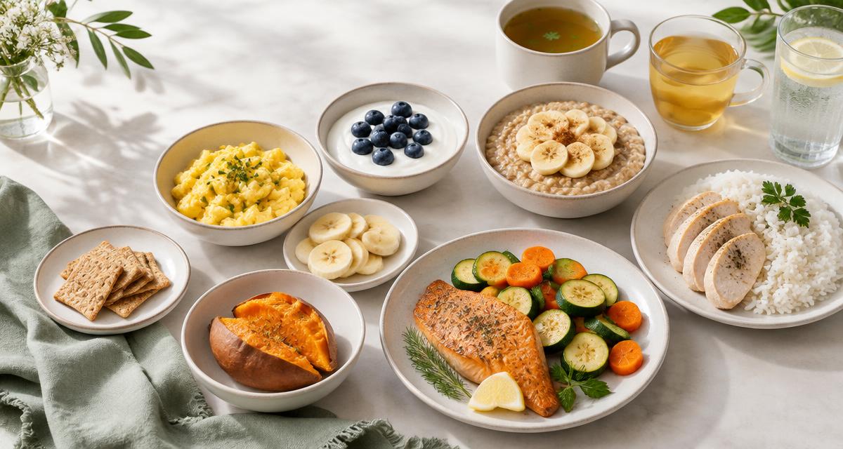 Small GLP-1-friendly meals with salmon, chicken and rice, oatmeal, yogurt, eggs, banana, sweet potato, cooked vegetables, broth, ginger tea, and water